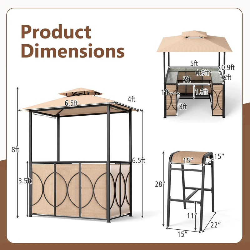 6.5 x 4 x 8 FT Grill Gazebo Set with 2 Bar Stools and Bar Table by DirectDeals