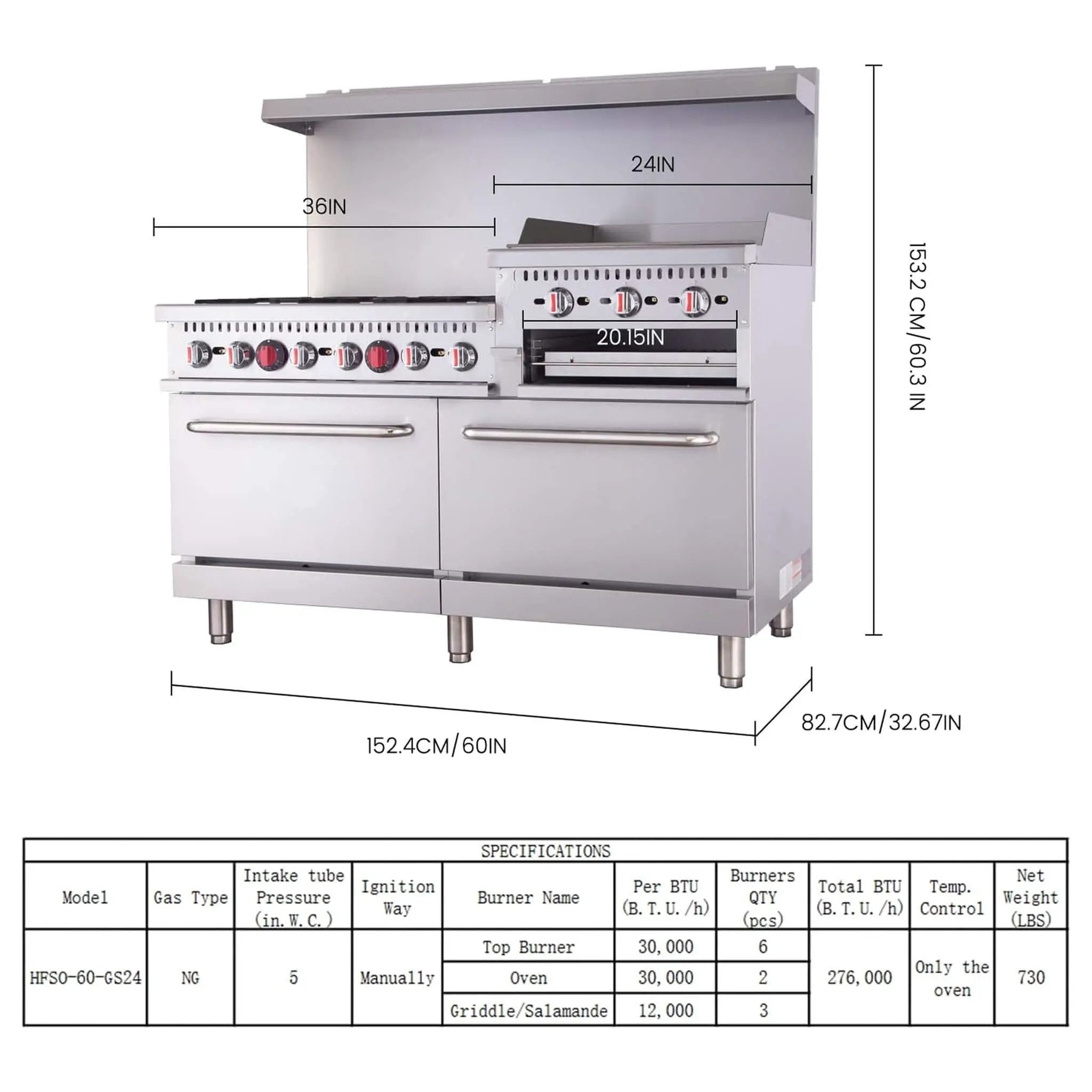 60-Inch Commercial 6-Burner 276K BTU Gas Range With Dual Ovens, Griddle And Salamander (SAK56914) by SAKSBY WHOLESALE