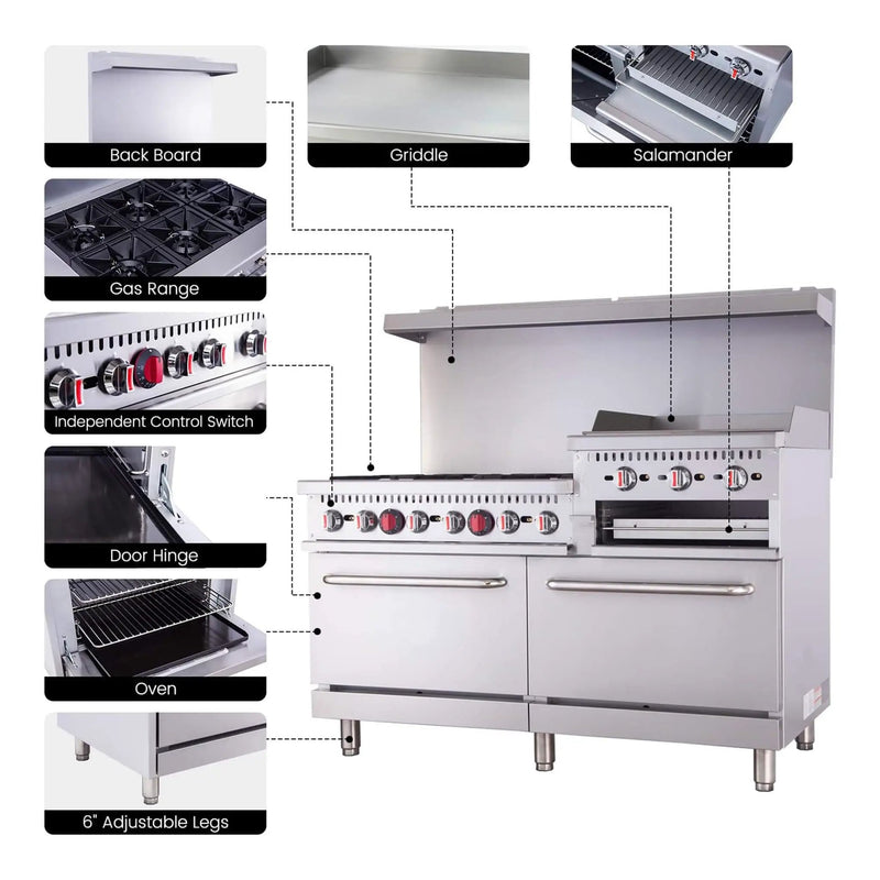 60-Inch Commercial 6-Burner 276K BTU Gas Range With Dual Ovens, Griddle And Salamander (SAK56914) by SAKSBY WHOLESALE