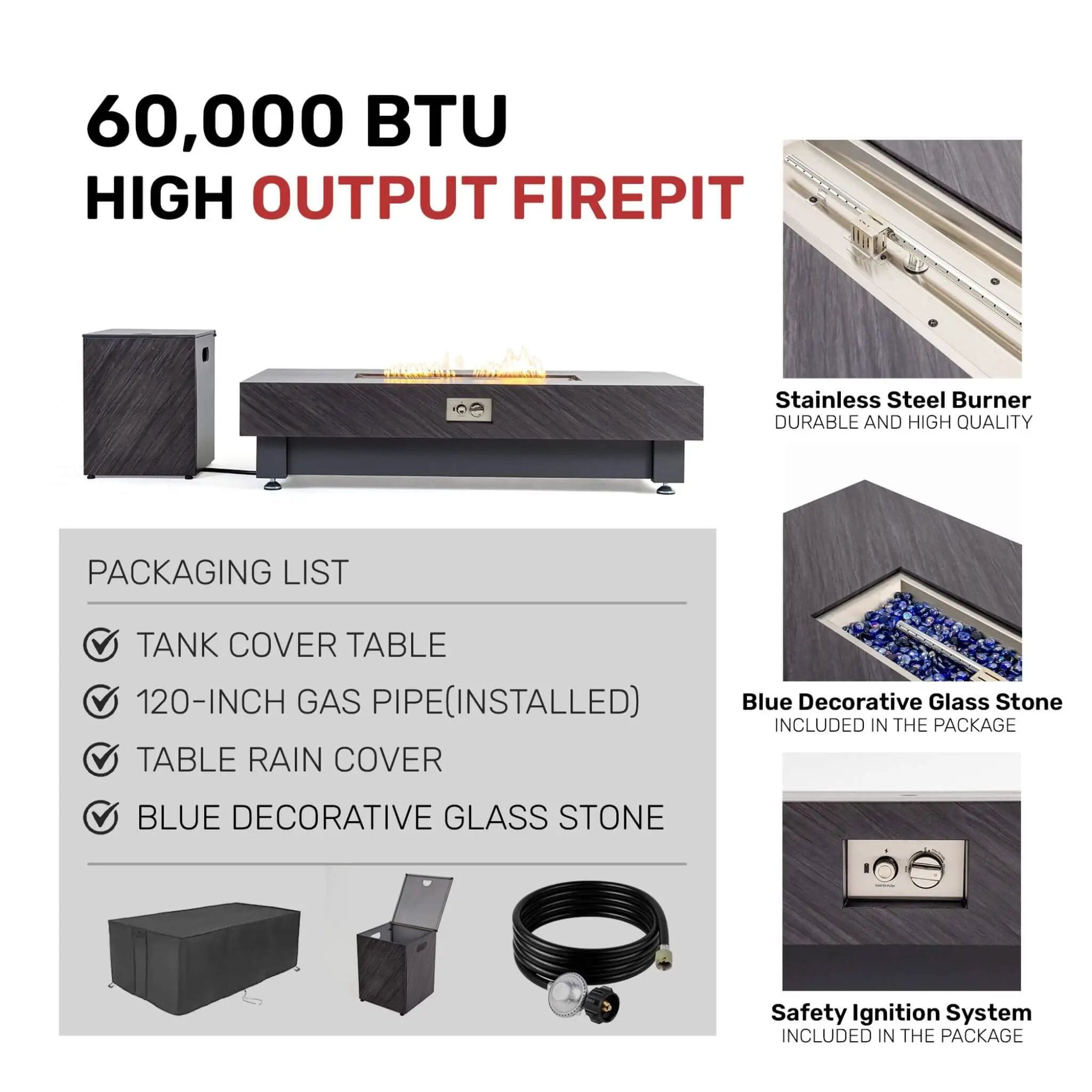 Alora Premium 60-Inch Rectangular Outdoor Modern Propane Fire Pit Table With Rain Cover (SAK91273) by SAKSBY WHOLESALE