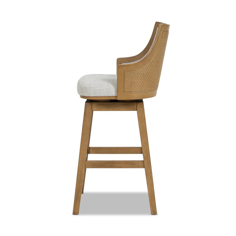 Bahama 30' Cane Rattan High-Back Swivel Bar Stool with Recessed Arms, Two-Tone Neutral Gray Polyester Wool Blend by HouseOfZazla
