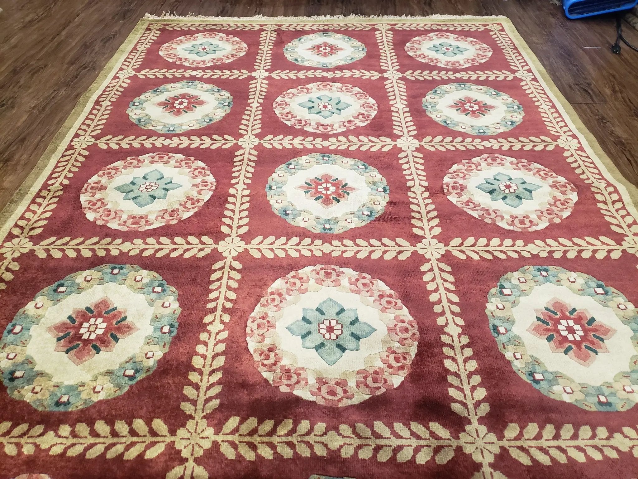 Nepalese Aubusson Panel Rug 6x9, Red & Ivory Soft Plush Tibetan Pile Rug, Wool Hand-Knotted Carpet, 6 x 9 Elegant Area Rug, Office Room Rug by Jewel Rugs