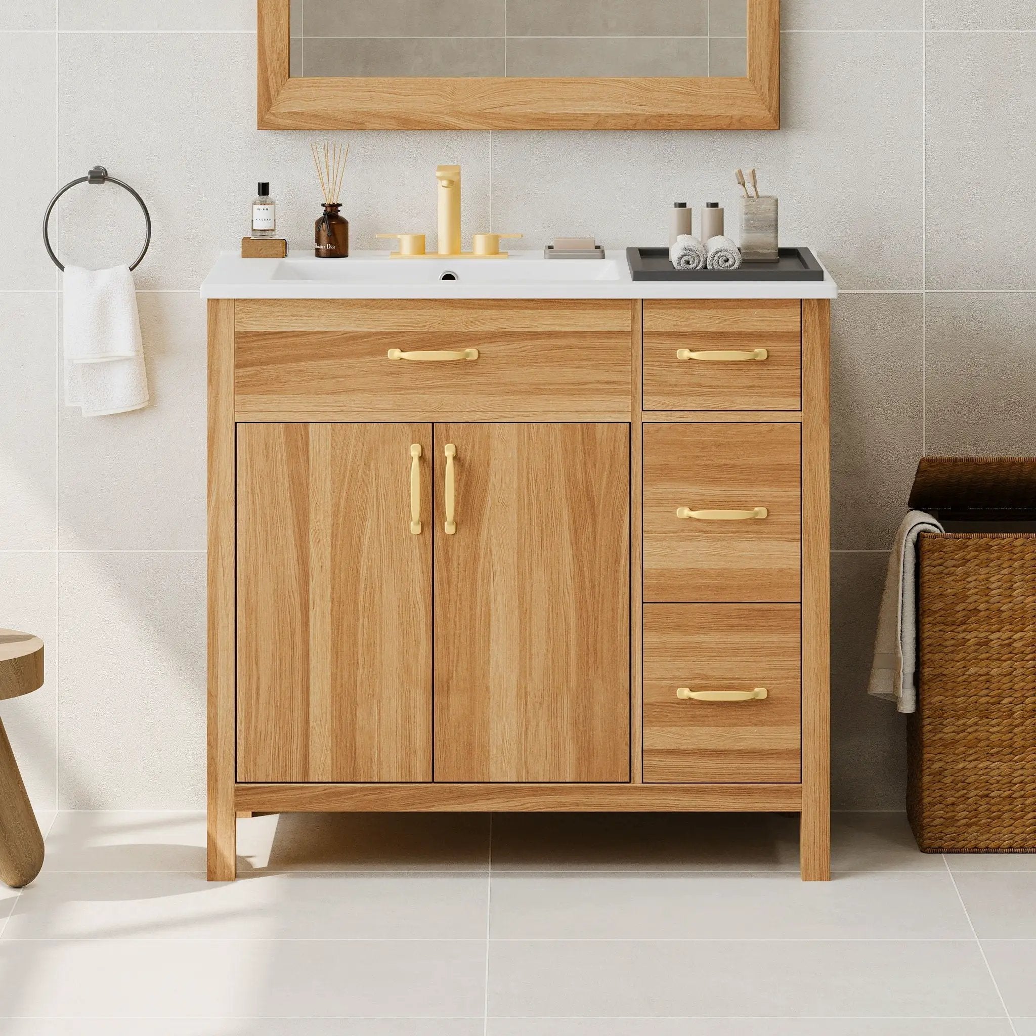 Bathroom Vanity, 2 Soft Close Doors, 3 Soft Close Drawers, Adjustable Shelf - Wood by Unique Piece Furniture