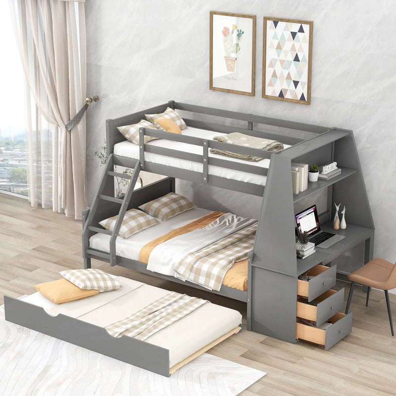 Bunk Bed With Trundle And Built In Desk, 3 Storage Drawers And Shelf by Unique Piece Furniture