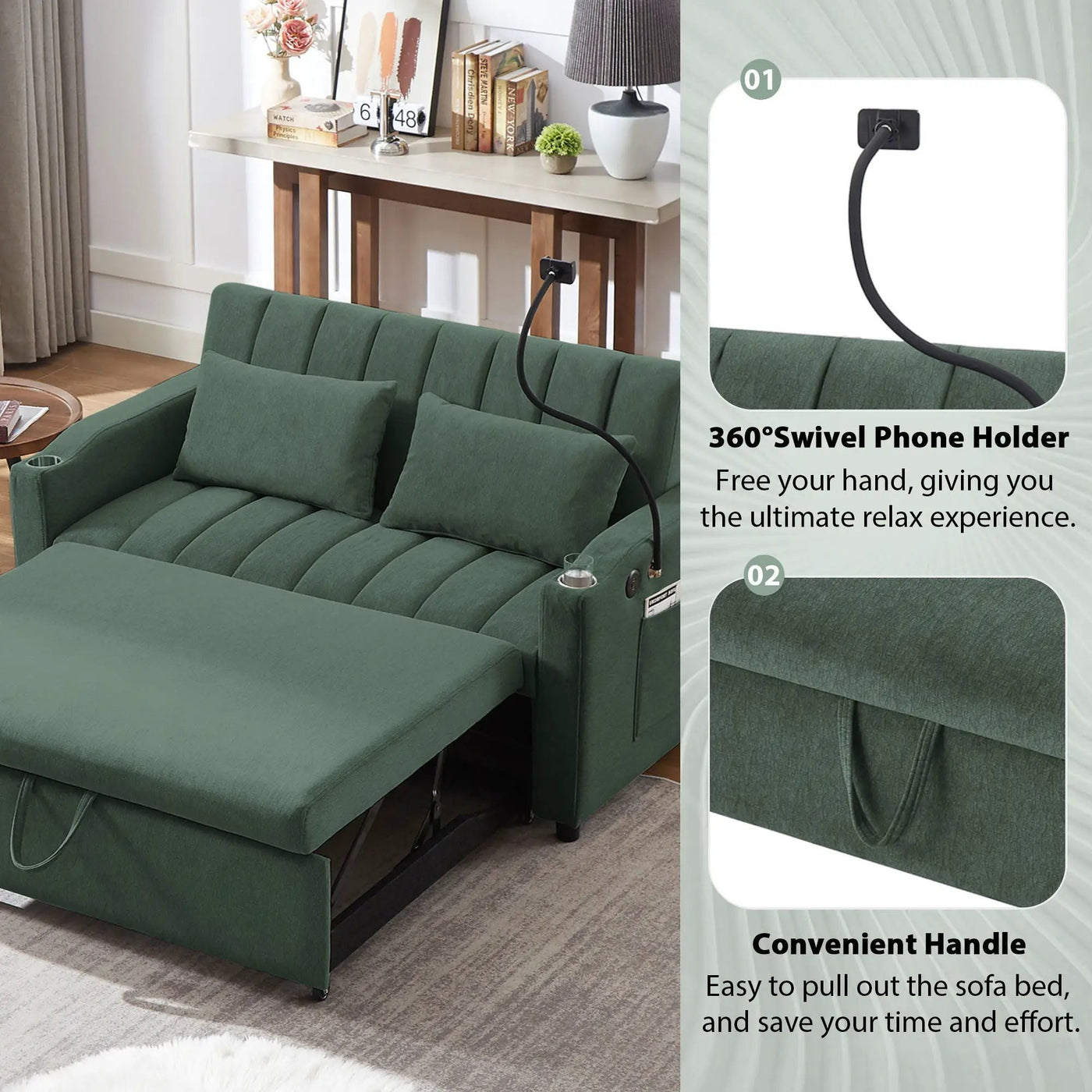 Convertible Sofa Bed Loveseat Sofa With Three USB Ports, Two Side Pockets, Two Cup Holders And 360° swivel Phone Holder For Living Room by HouseOfZazla