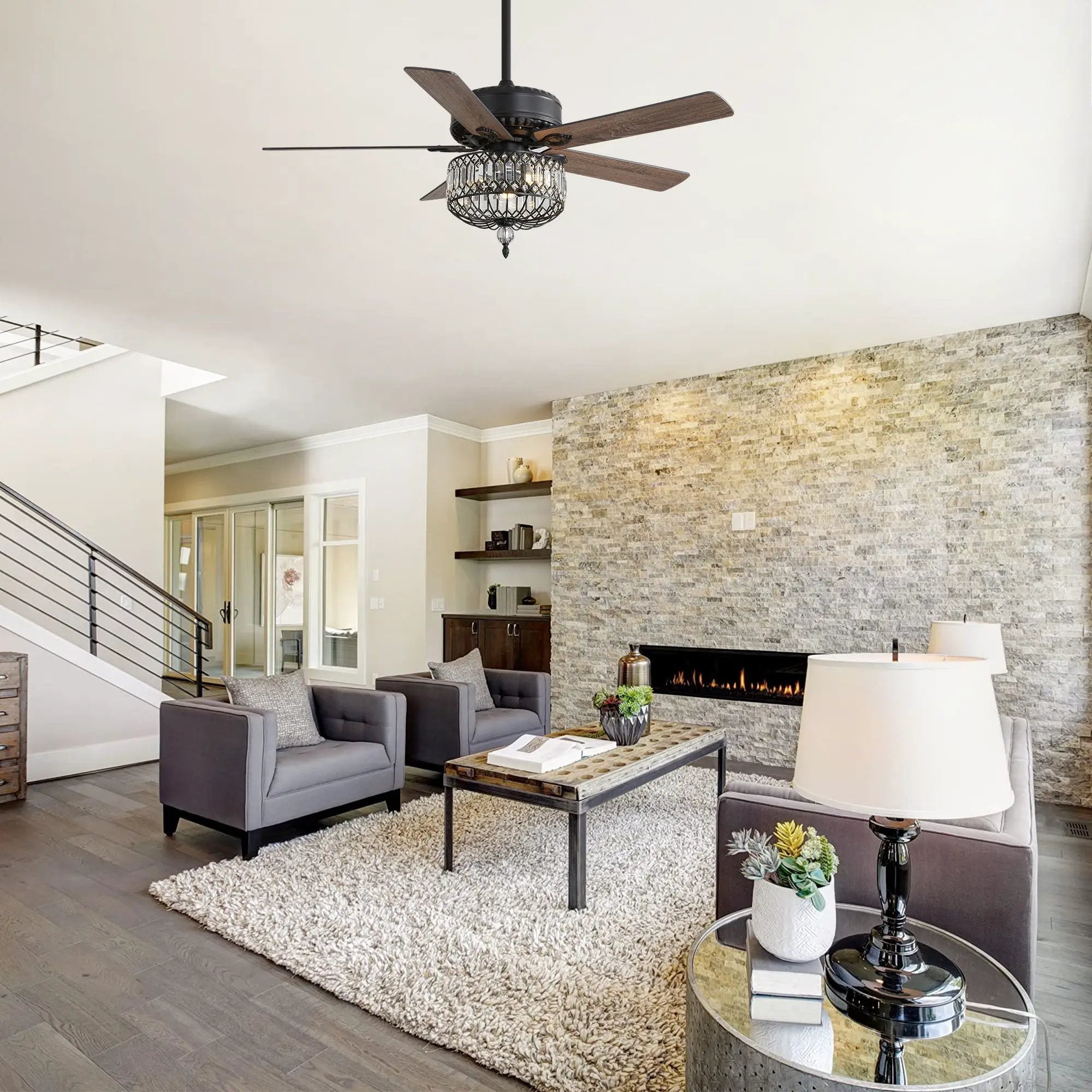 Ceiling Fan With Crystal Lampshade, 5 Blades, DC Motor, 6 Speed Remote Control, 1 / 4 / 8 Hour Timer - Black by Unique Piece Furniture