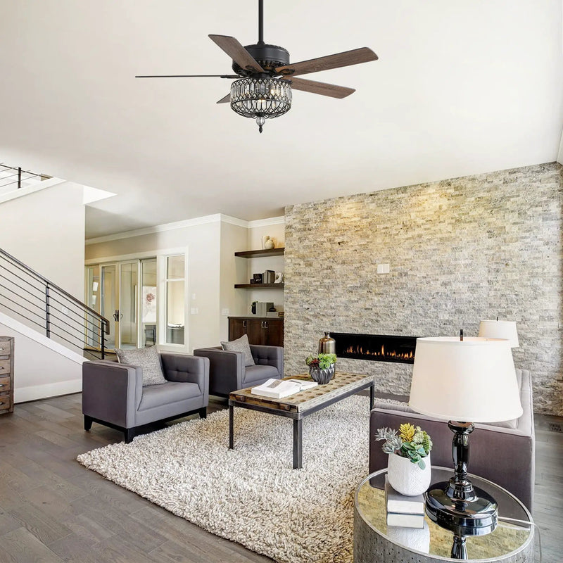 Ceiling Fan With Crystal Lampshade, 5 Blades, DC Motor, 6 Speed Remote Control, 1 / 4 / 8 Hour Timer - Black by Unique Piece Furniture