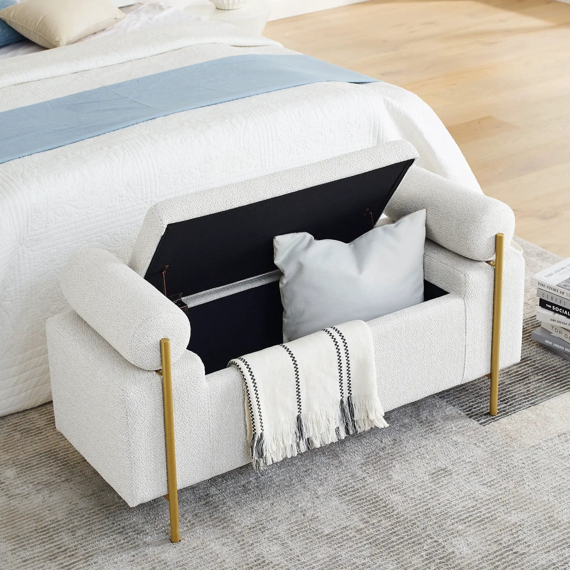 Elegant Upholstered Storage Bench With Cylindrical Arms And Iron Legs, by Unique Piece Furniture