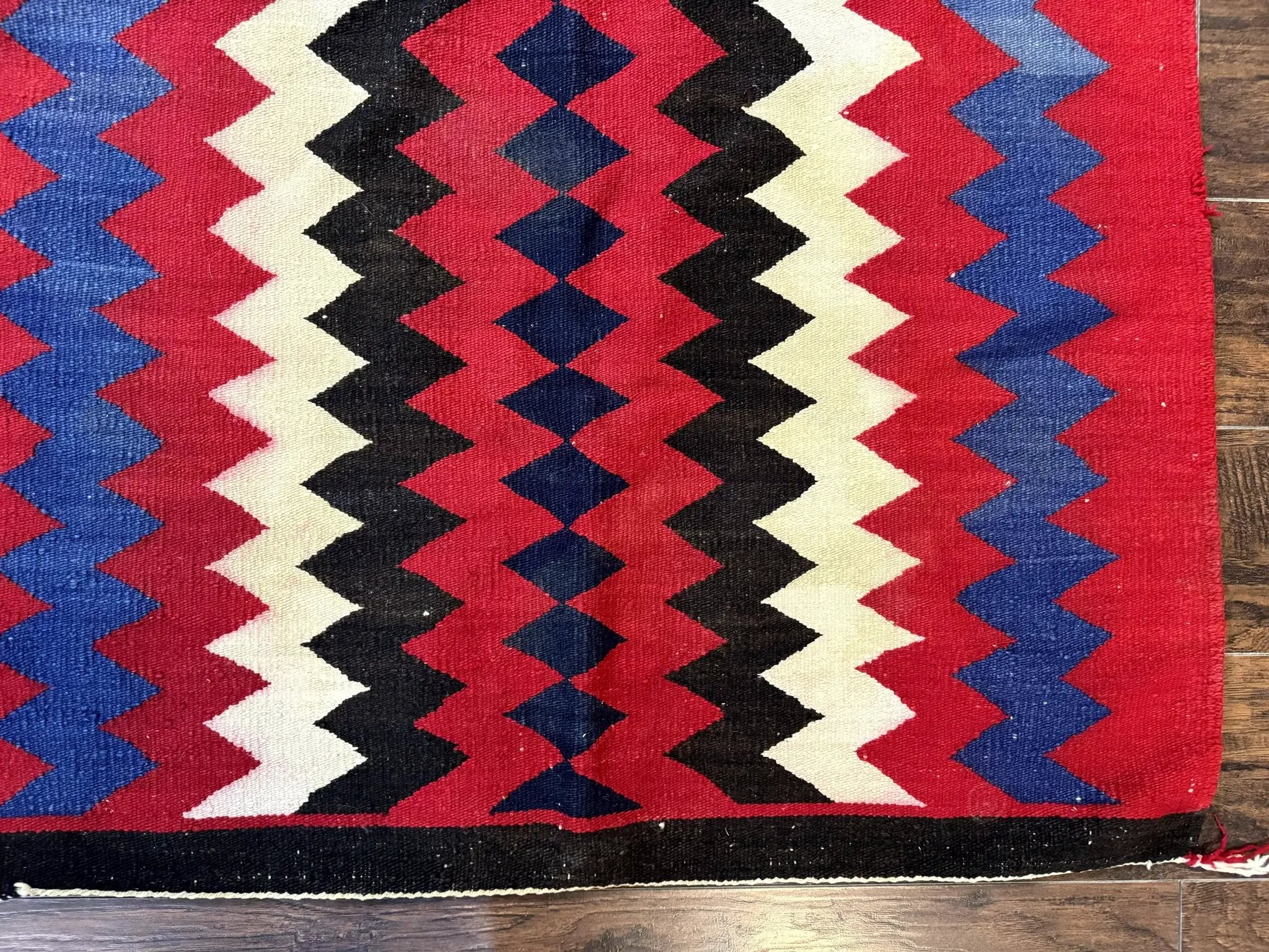 Antique Navajo Rug 3.7 x 2.8, Red Ivory Blue, Zig Zag Pattern, Handmade, Wool by Jewel Rugs