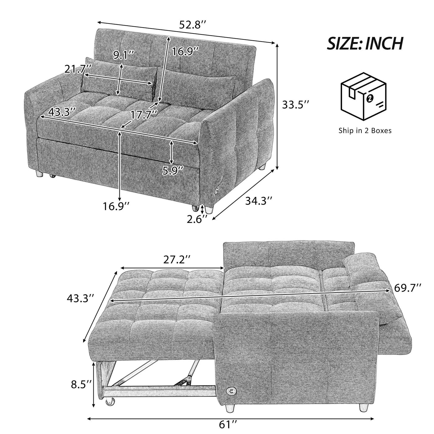 Loveseat Sofa Pull-Out Bed With Adjustable Backrest, 3 USB Ports And 2 Lumbar Pillows For Living Room by Unique Piece Furniture