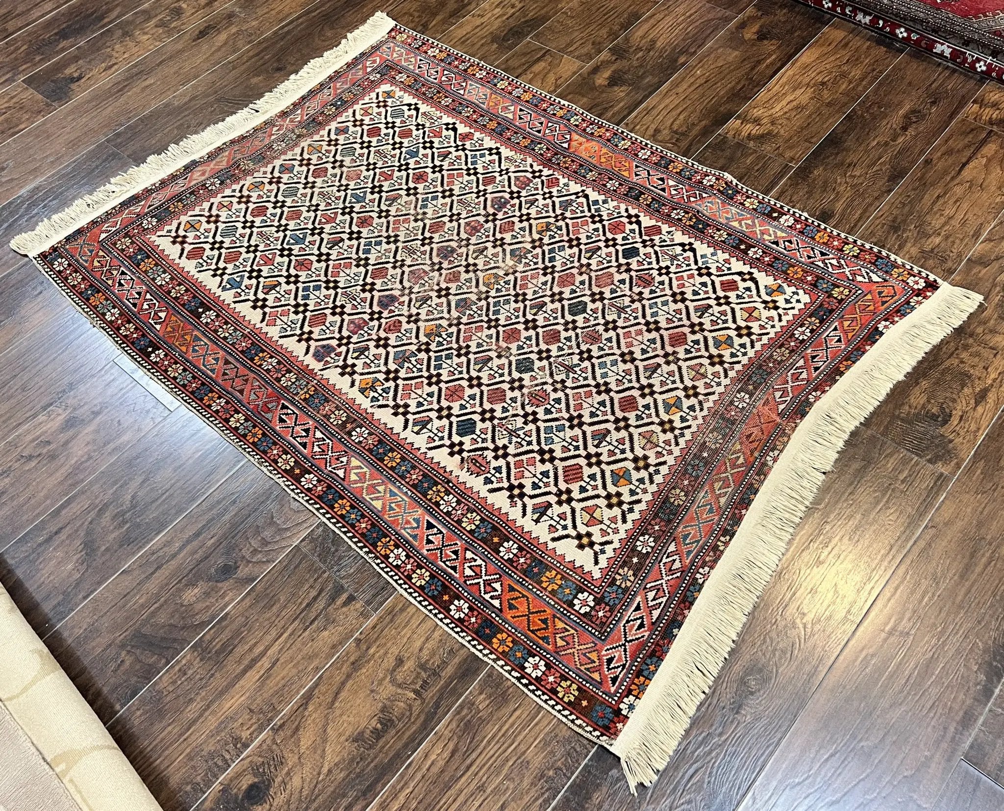 Antique Caucasian Rug 4x5, Hand Knotted Handmade Shirvan Oriental Carpet, Ivory Red Rug Allover Pattern, Rare Wool Rug, Tribal Geometric Rug by Jewel Rugs