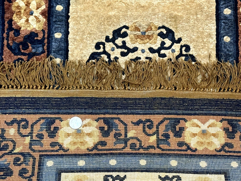 Silk Chinese Rug 2x4, Peking Carpet, Golden-Beige and Blue, Hand Knotted, Simple Design by Jewel Rugs