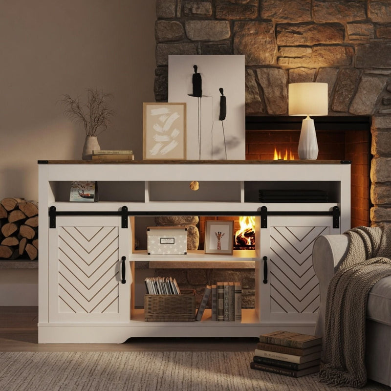 TV Stand With Sliding Barn Doors And Adjustable Storage - White / Oak by HouseOfZazla