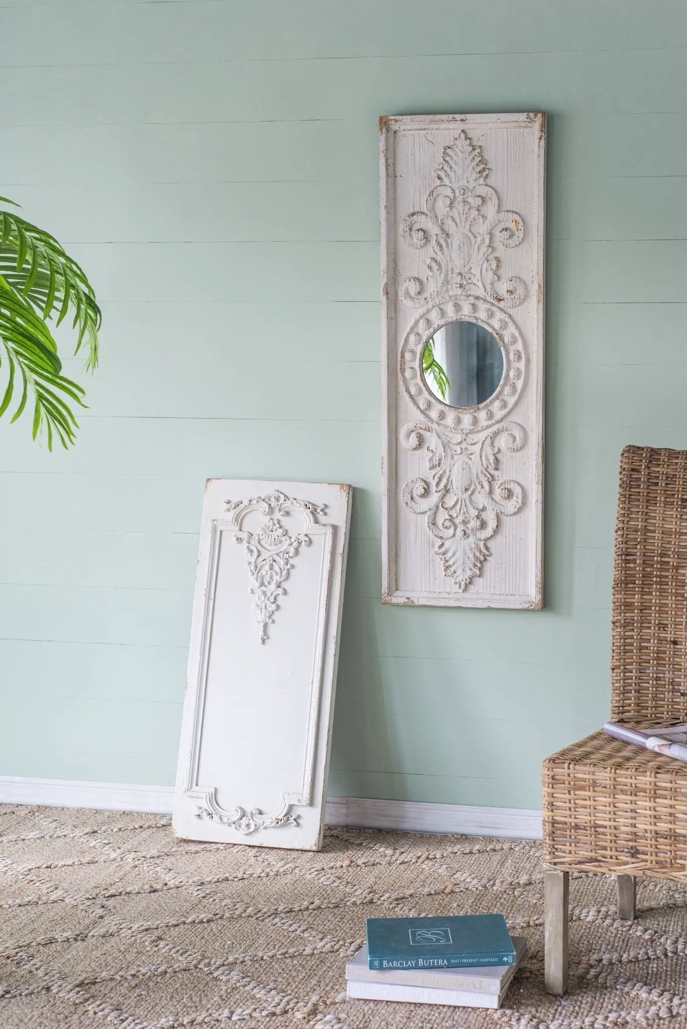 Large Wooden Wall Art Panels With Distressed Round Mirror Accents (Set of 2) - White by HouseOfZazla