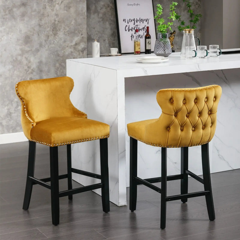 Contemporary Upholstered Wing-Back Barstools With Button Tufted Decoration And Wooden Legs, And Nailhead Trim, Leisure Style Bar Chairs, Bar Stools (Set of 2) by HouseOfZazla
