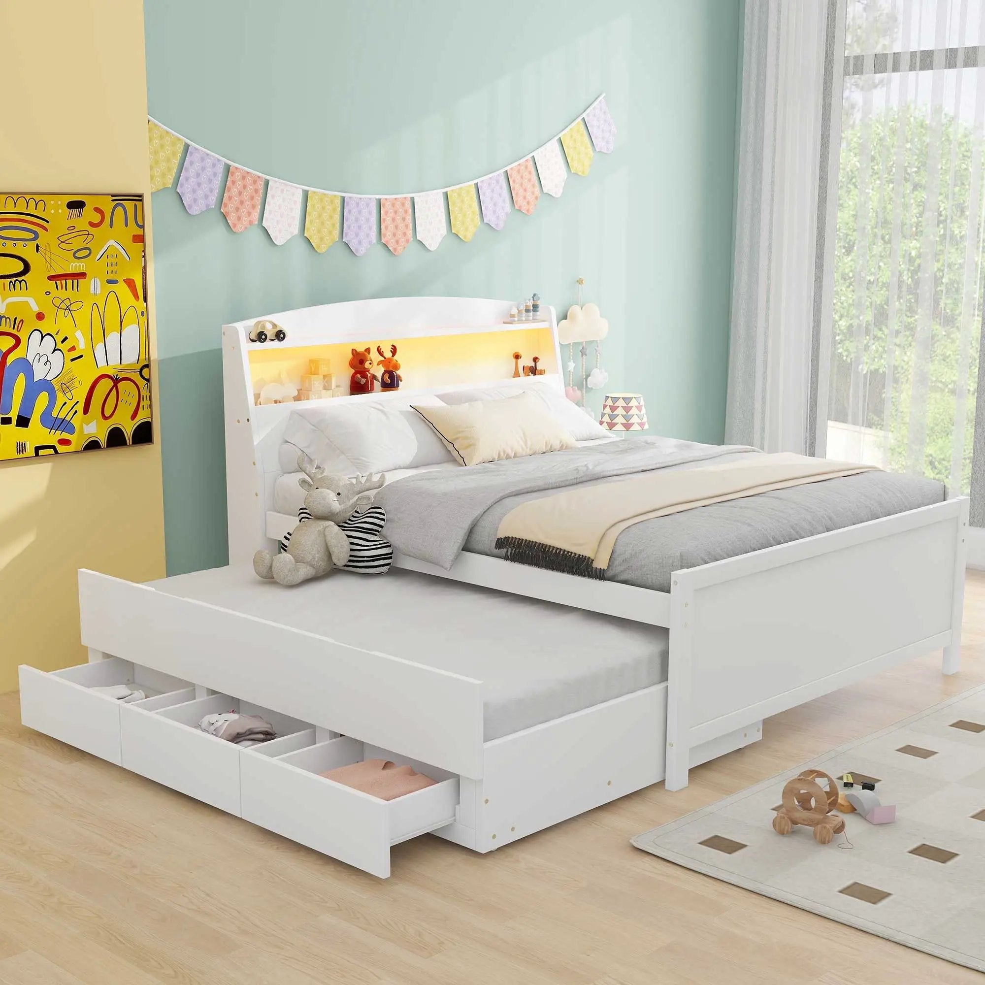 Full Size Platform Bed With Storage LED Headboard, Twin Trundle And 3 Drawers - White by Unique Piece Furniture