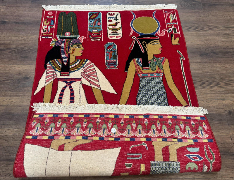 Egyptian Pictorial Rug 3x4, Hieroglyphic Pictorial Rug, Egyptian Prince and Princess, Cleopatra, Vintage Handmade, Red by Jewel Rugs