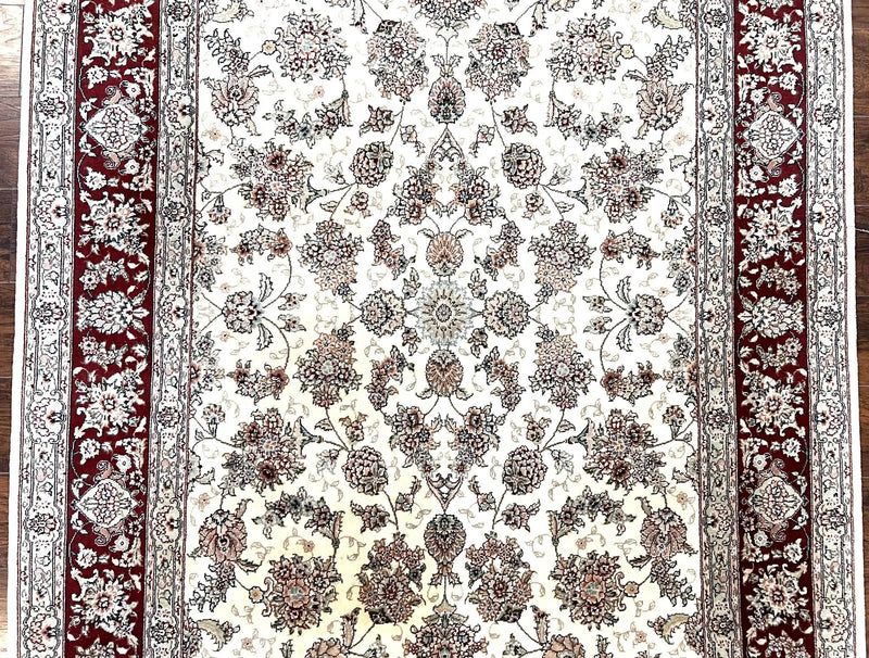 Pak Persian Rug 6x9, Floral Allover Carpet 6 x 9 ft, Cream and Maroon Hand Knotted Wool and Silk Fine Oriental Rug, Traditional Vintage Rug by Jewel Rugs