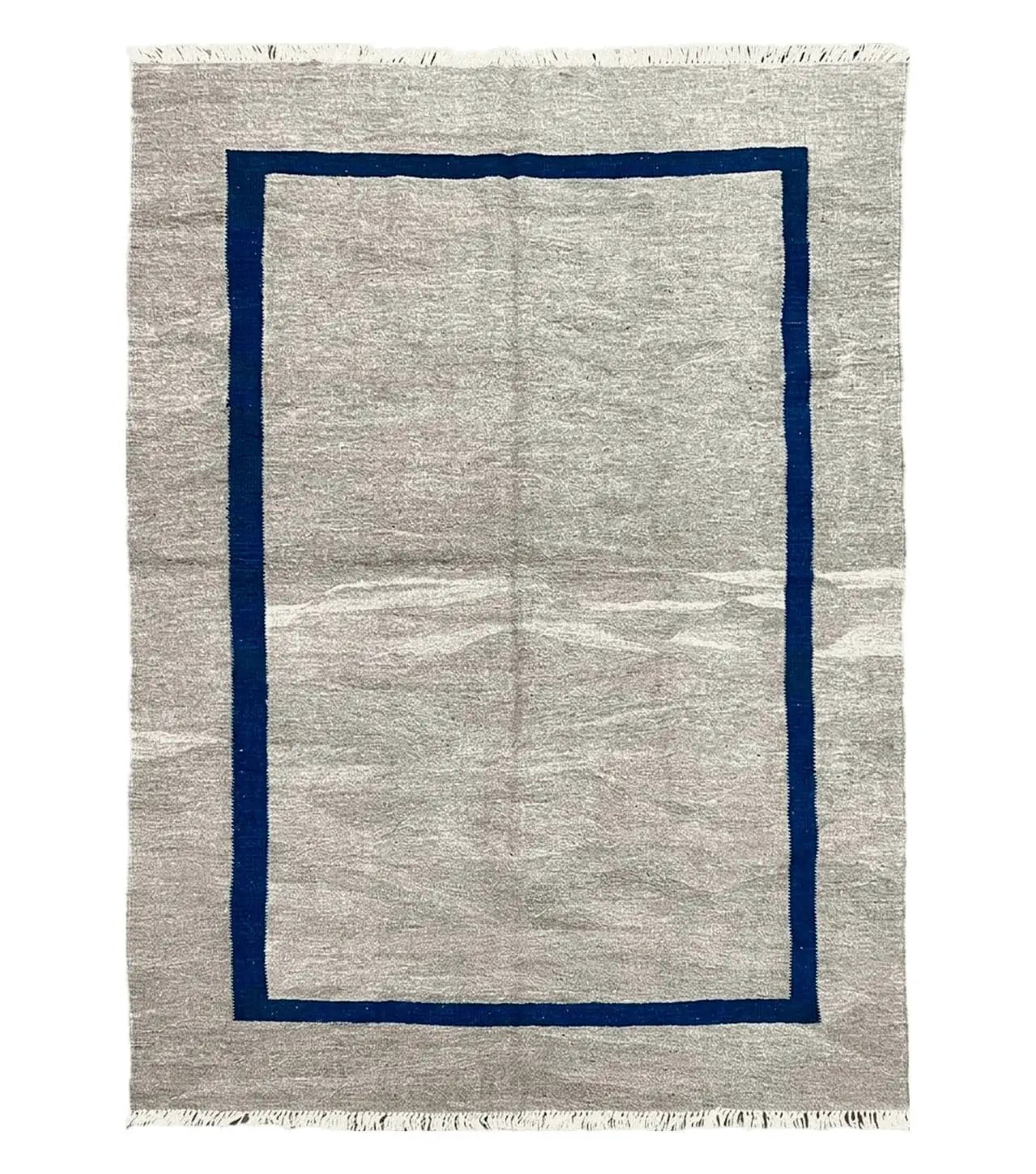 Geometric Turkish Kilim Rug 5' 7" x 7' 9", Flatweave Carpet, Minimal Design, Anatolian Carpet, Gray, Geometric, Dark Blue, Hand-Knotted, New by Jewel Rugs