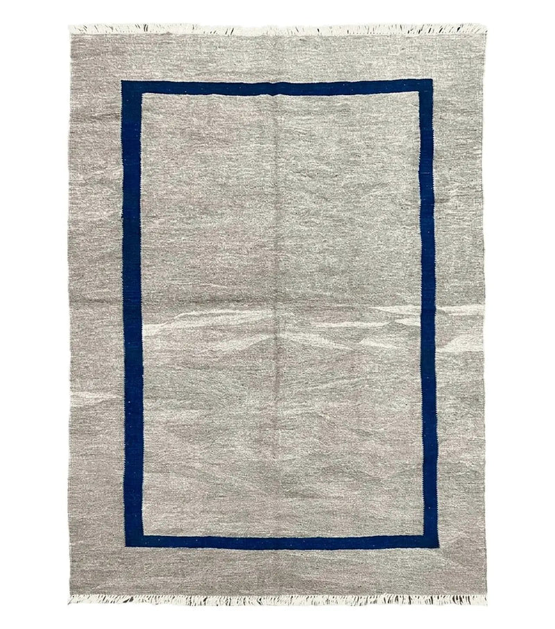 Geometric Turkish Kilim Rug 5' 7" x 7' 9", Flatweave Carpet, Minimal Design, Anatolian Carpet, Gray, Geometric, Dark Blue, Hand-Knotted, New by Jewel Rugs