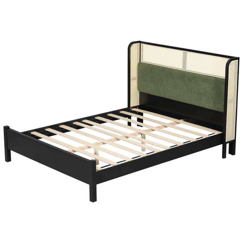 Queen Size Bed Frame with Plush Green Upholstered Headboard by HouseOfZazla