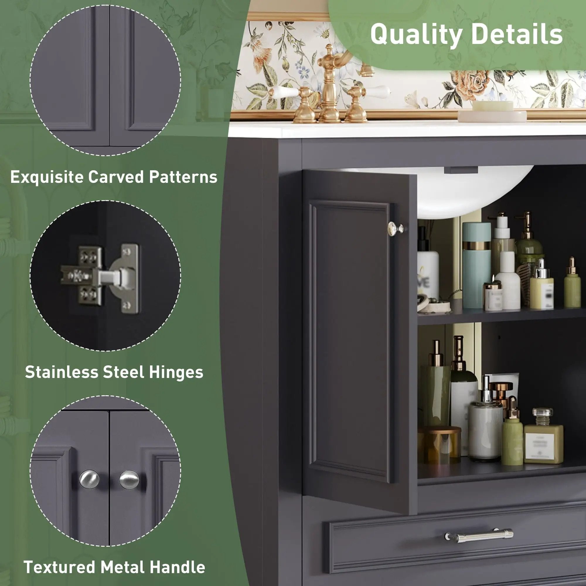 Bathroom Vanity With Sink, Cabinet & 2 Soft Closing Doors & Adjustable Shelf by Unique Piece Furniture