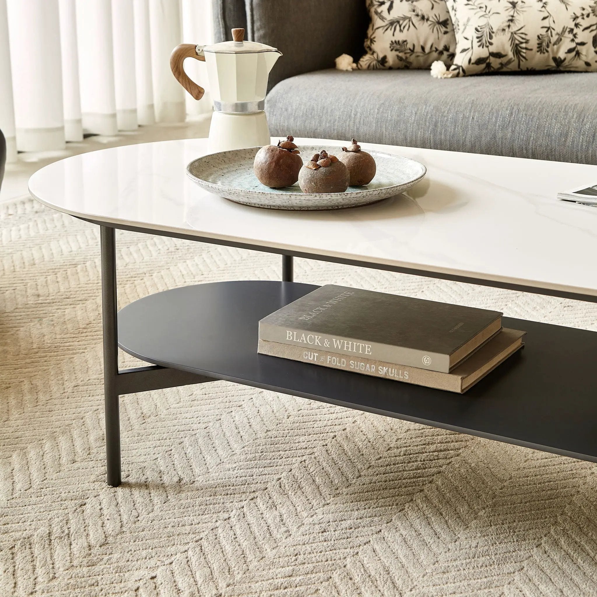 Contemporary Coffee Table Sintered Stone Surface With Ceramic Finish Double Layer Design Base Matte Shelf Modern Living Room Center Table - White / Gray by HouseOfZazla