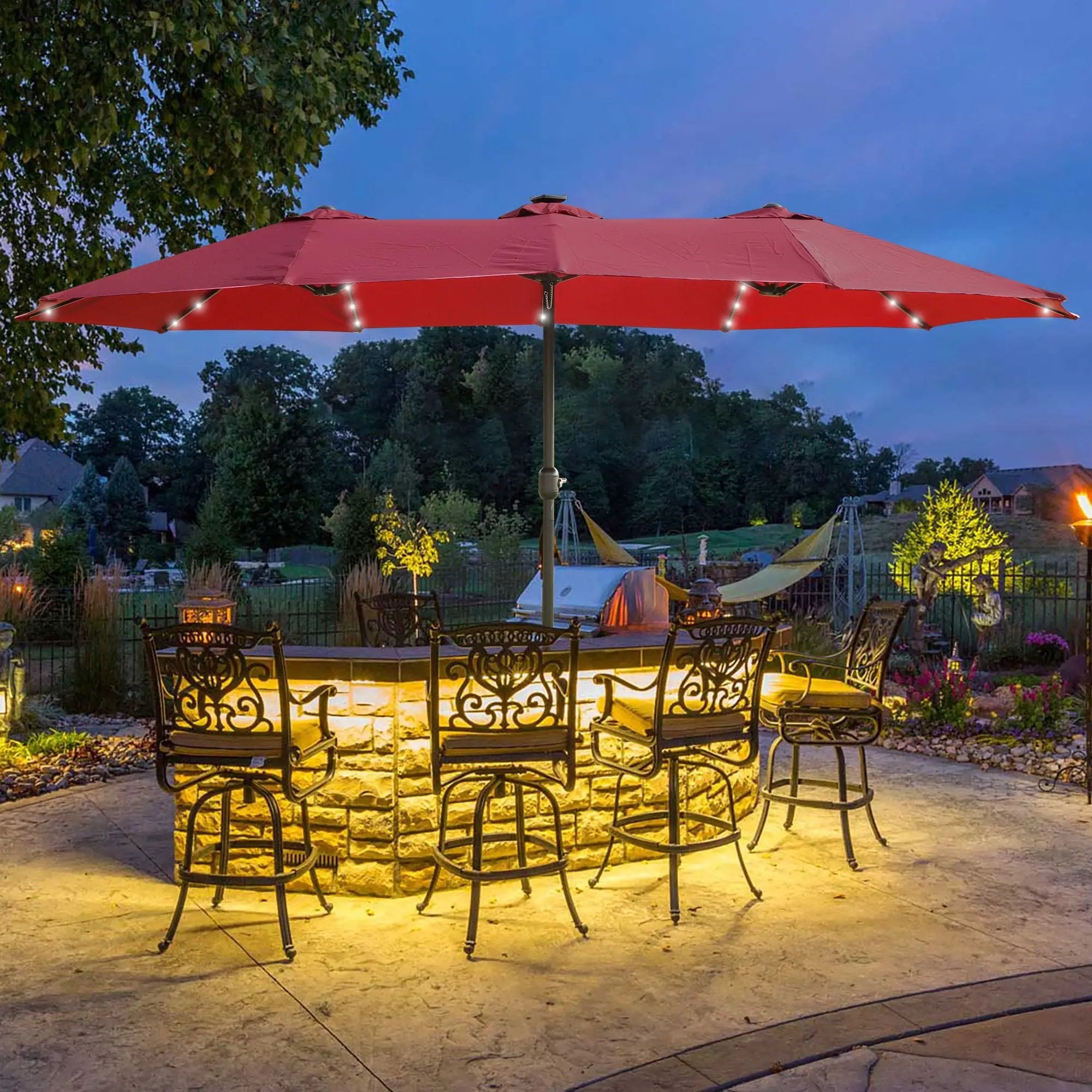 Double- Sided Outdoor Market Umbrella With Lights And Base by Unique Piece Furniture