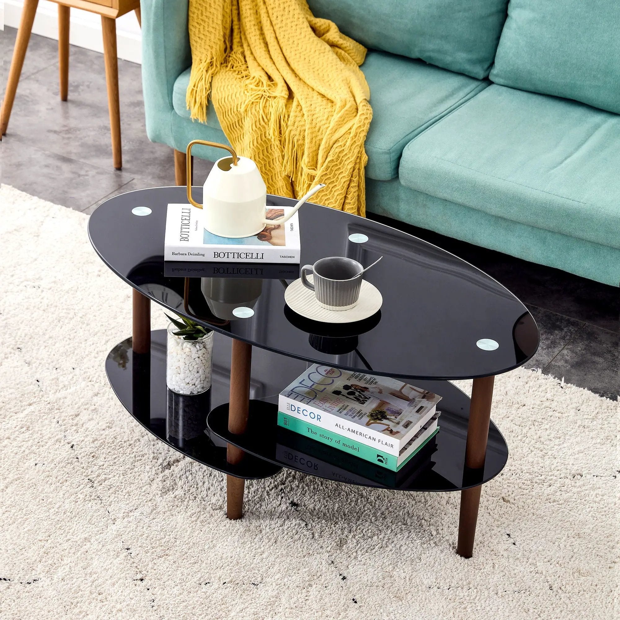 Oval Glass Coffee Table, Modern Table In Living Room Oak Wood Leg Tea Table 3-Layer Tempered Glass Table - Brown / Black by Unique Piece Furniture