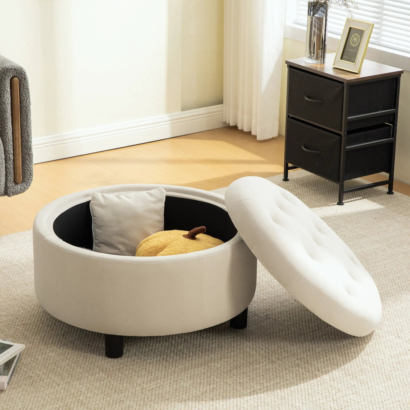 29.33"W Upholstered Round Ottoman With Reversible Lid by HouseOfZazla