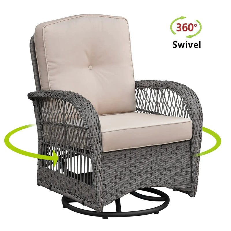 3 Pieces Conversation Set, Outdoor Wicker Rocker Swivel Patio Bistro Set, Rocking Chair with Glass Top Side Table, Grey by HouseOfZazla