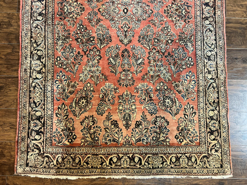Antique Persian Sarouk Rug 4x7, Hand Knotted Wool Red Persian Carpet, Floral, Fine 300 KPSI by Jewel Rugs