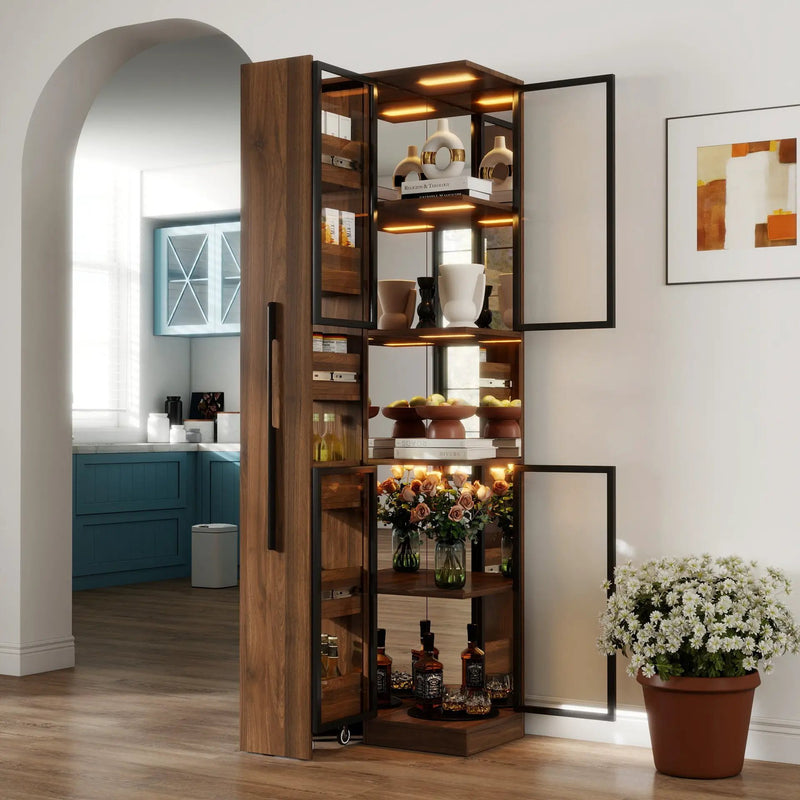 70" Display Cabinet with Glass Doors and Lights, Multi-Tier Storage by HouseOfZazla