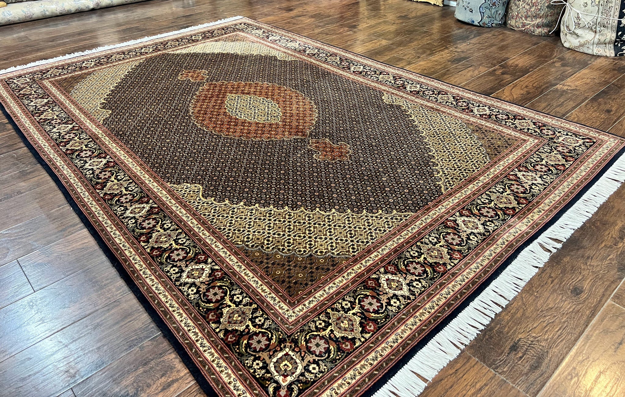 Persian Tabriz Rug 7x10, Very Fine 330 KPSI 50 Raj, Black and Beige, Handmade Wool Vintage Persian Carpet by Jewel Rugs