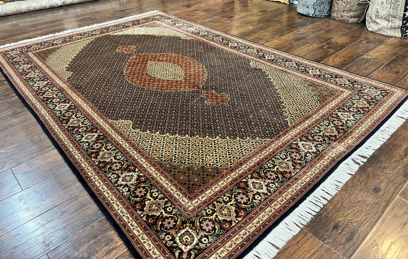 Persian Tabriz Rug 7x10, Very Fine 330 KPSI 50 Raj, Black and Beige, Handmade Wool Vintage Persian Carpet by Jewel Rugs