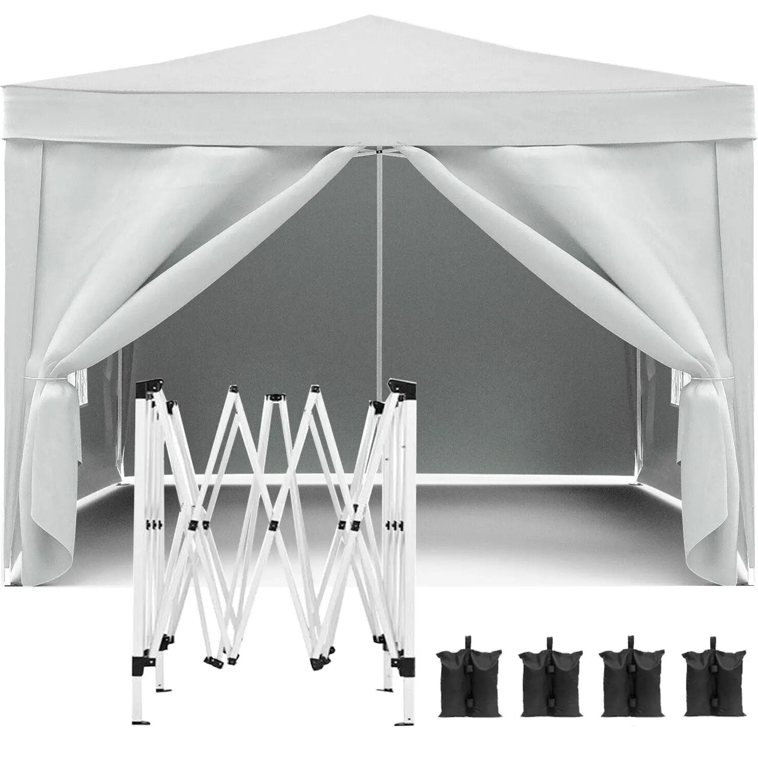 10'X10' Folding Canopy With 4 Removable Sidewalls Outdoor Event Shelter UPF 50+ Gazebo Portable Tents For Parties Beach Camping Wedding Ez Pop Up Canopy 4 Pieces Weight Bag + Carry Bag by Unique Piece Furniture
