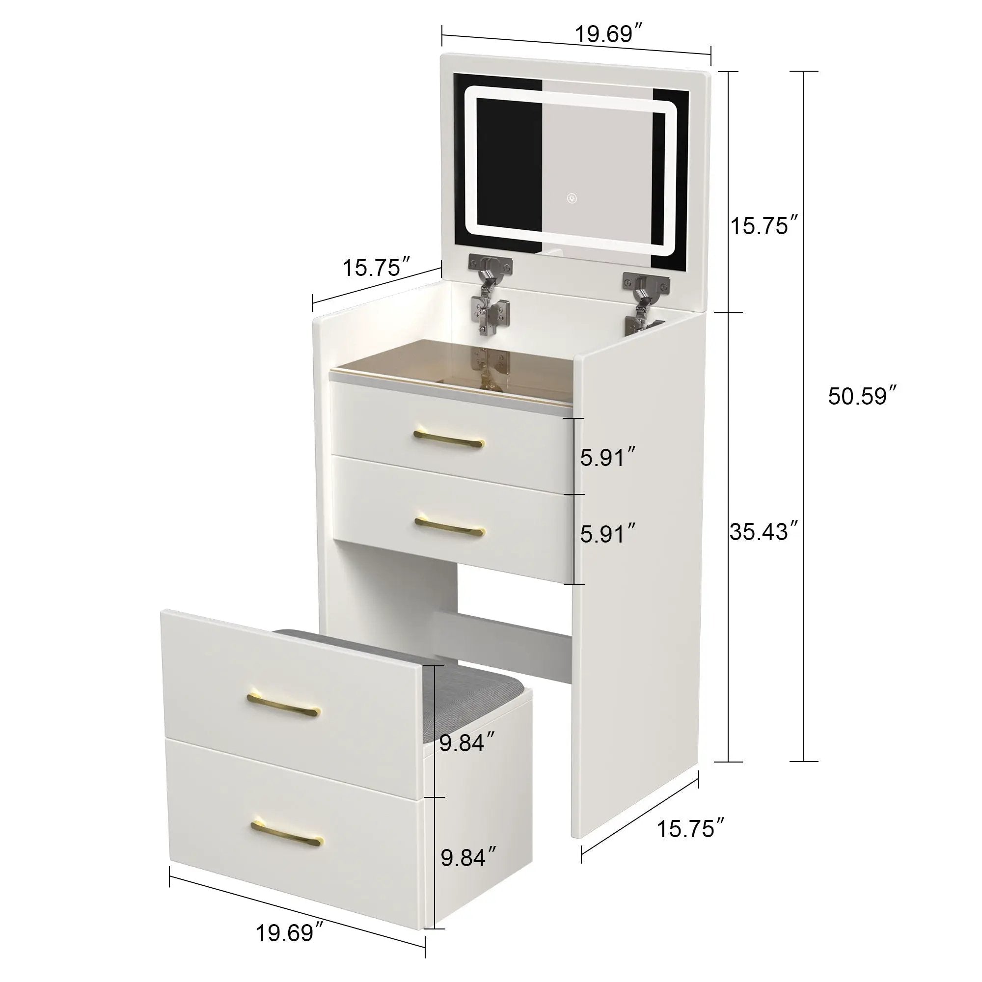 Compact 3 In 1 Vanity Desk With Open Top Mirror, Glass Desktop, 5 Height - White by Unique Piece Furniture