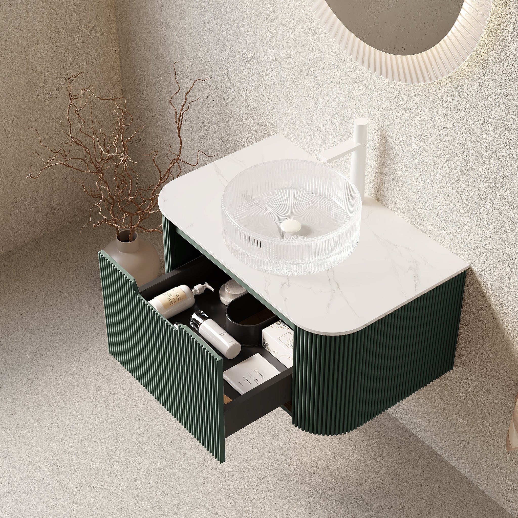 DINA 30" Bathroom Vanity with Floating Curved Edges and Crystal Glass Basin by HouseOfZazla