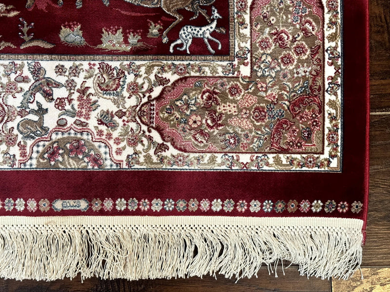 Dark Red Turkish Silk Rug 2.6 x 4, Hunting Design Scene, Bamboo Silk by Jewel Rugs