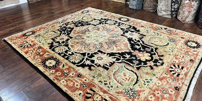 Pak Persian Rug 8x10, Pakistani Mahal Sultanabad Carpet, Signature from Master Weaver, Shiny Wool, Black Red Vintage Handmade Medallion Rug by Jewel Rugs