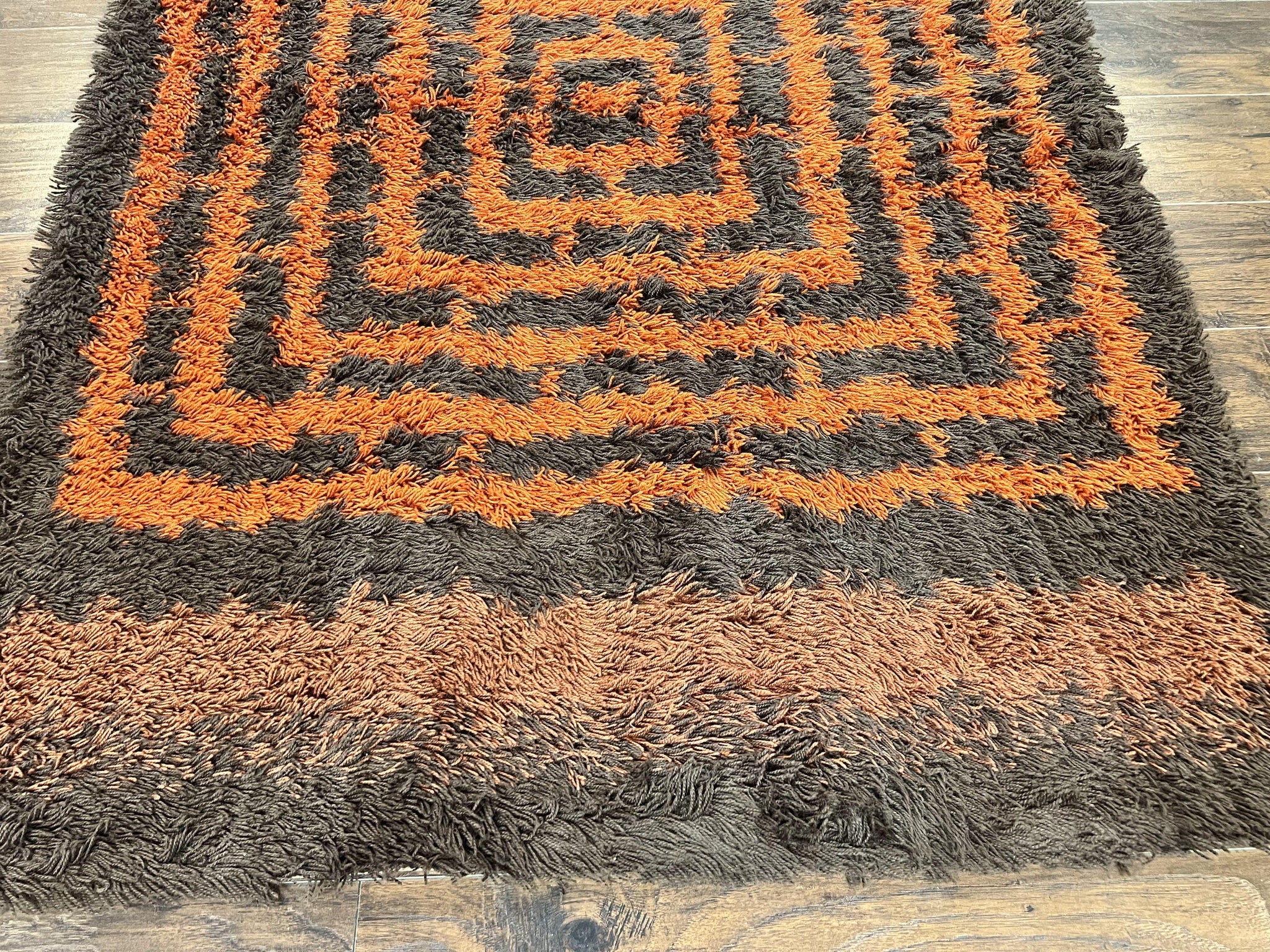 Vintage Rya Shag Rug 4.6 x 6.6, Abstract Design, Brown and Orange, Mid Century Danish Rya Carpet by Jewel Rugs