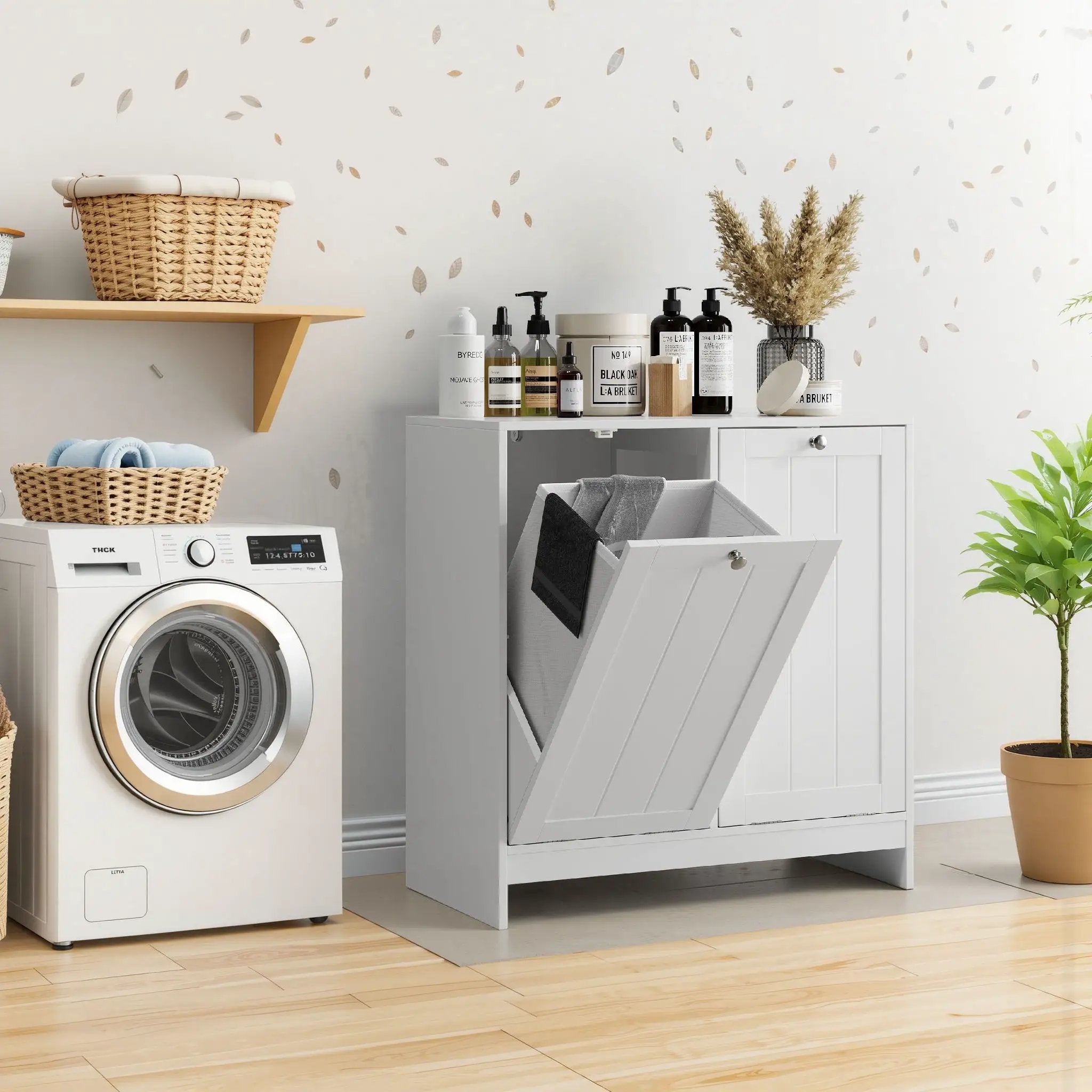 Tilted Laundry Hamper With Removable Basket, Hidden Storage Cabinet, Home Organizer For Bathroom - White by HouseOfZazla