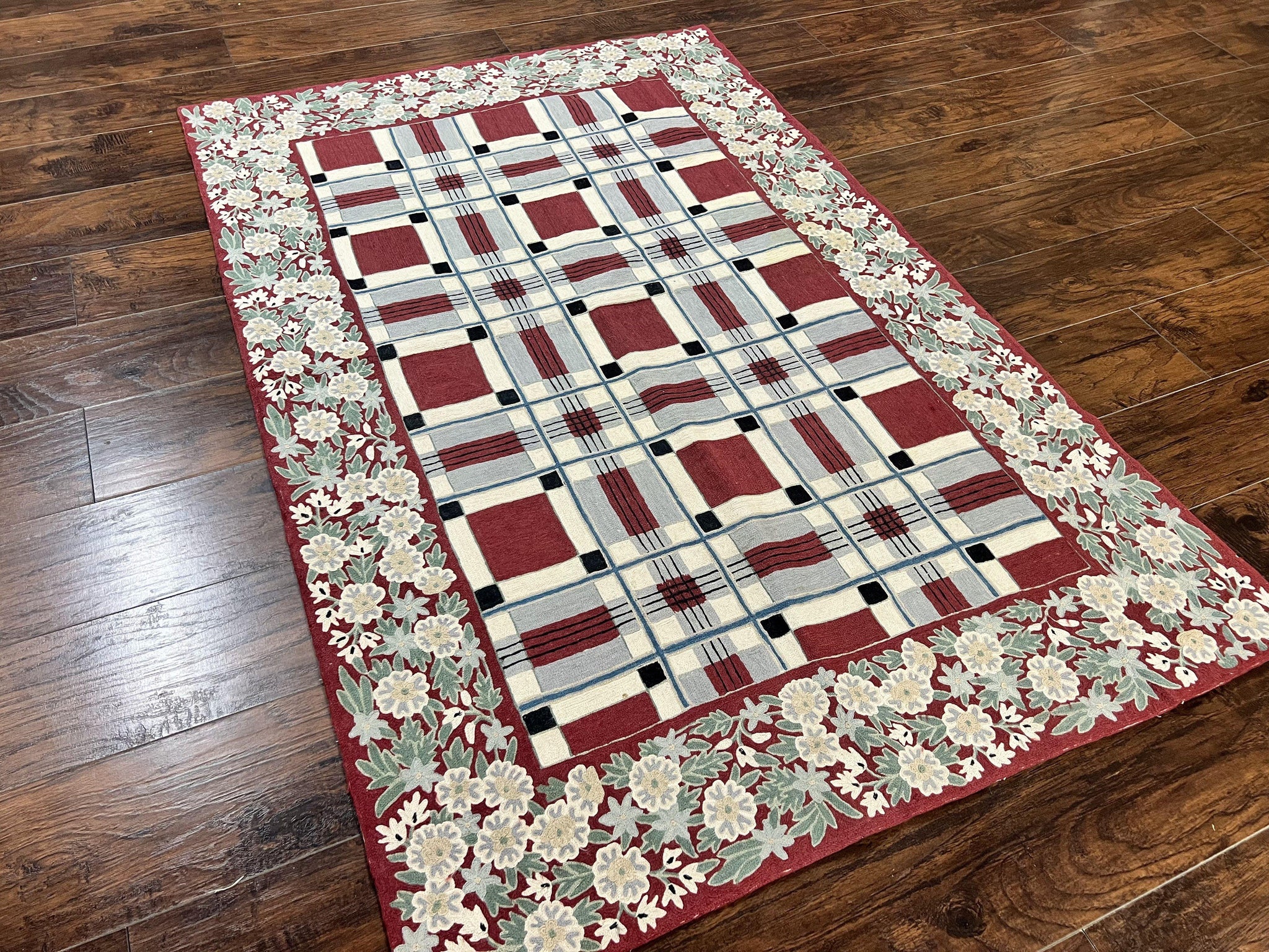 Indian Hand Stitched Rug 4x6, Vintage Carpet, Checkerboard Floral Pattern, Maroon Ivory, Flatweave, Wool by Jewel Rugs