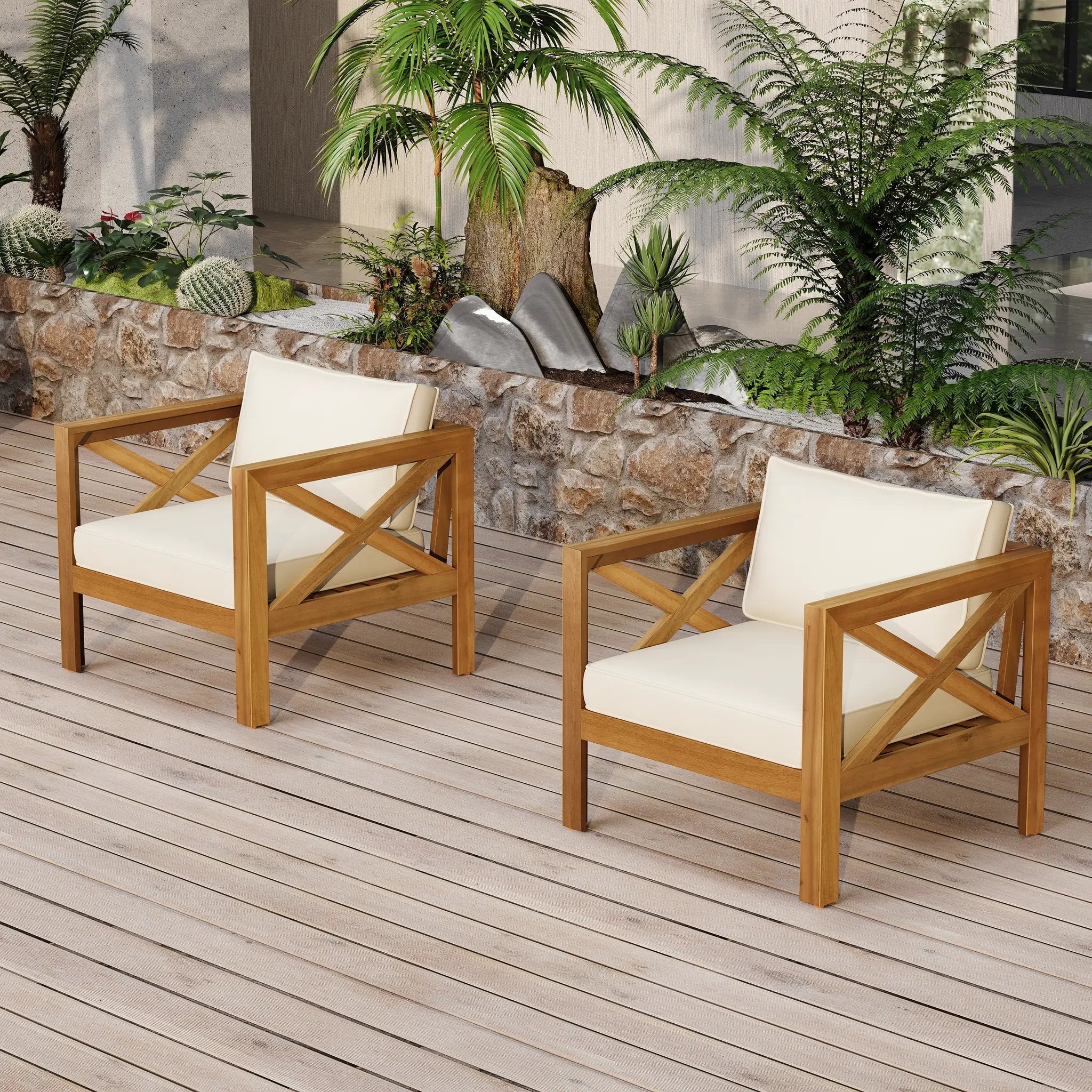 Patio Conversation Set with Acacia Wood Armchairs and End Table by HouseOfZazla