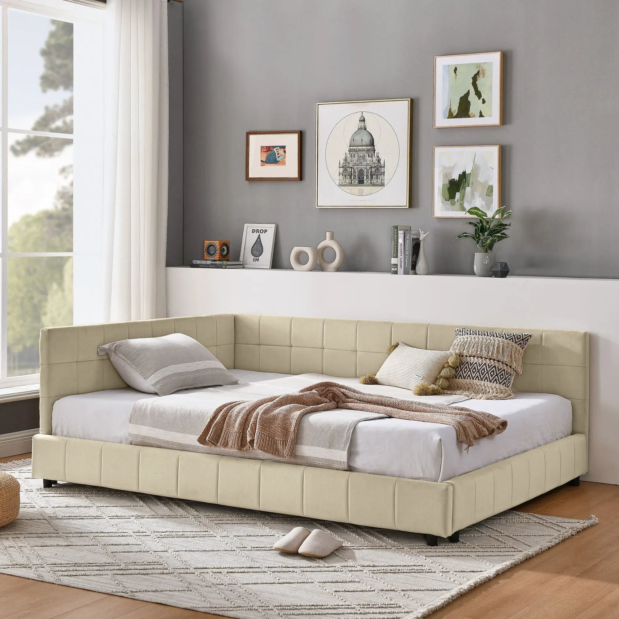 Mid-Century Storage Upholstered Tufted Bed Frame With Backrest And Armrests by Unique Piece Furniture