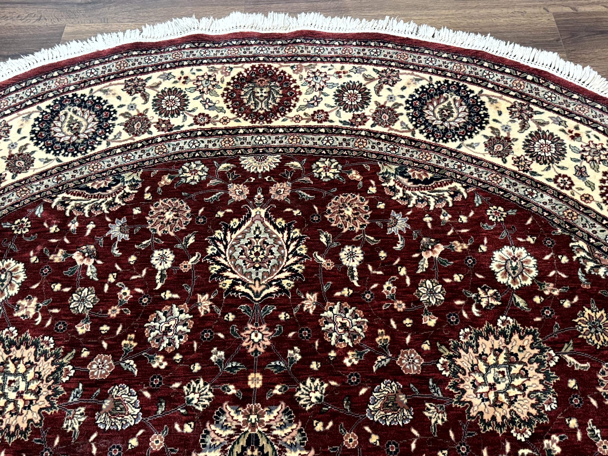 Round Sino Persian Rug 9x9, Burgundy and Cream, Floral, Wool and Silk, 9ft Round Carpet by Jewel Rugs