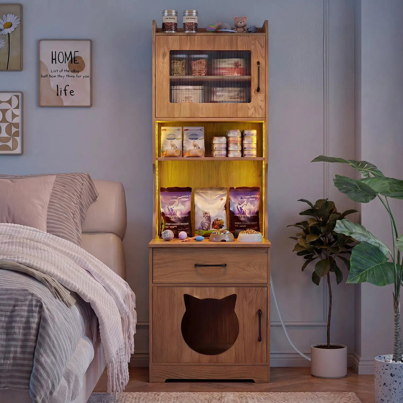 Cat Litter Box Enclosure with LED Light & Charging Station by DirectDeals