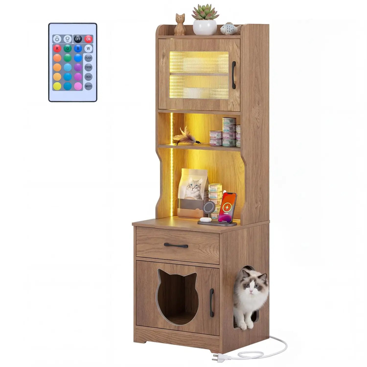 Cat Litter Box Enclosure with LED Light & Charging Station by DirectDeals