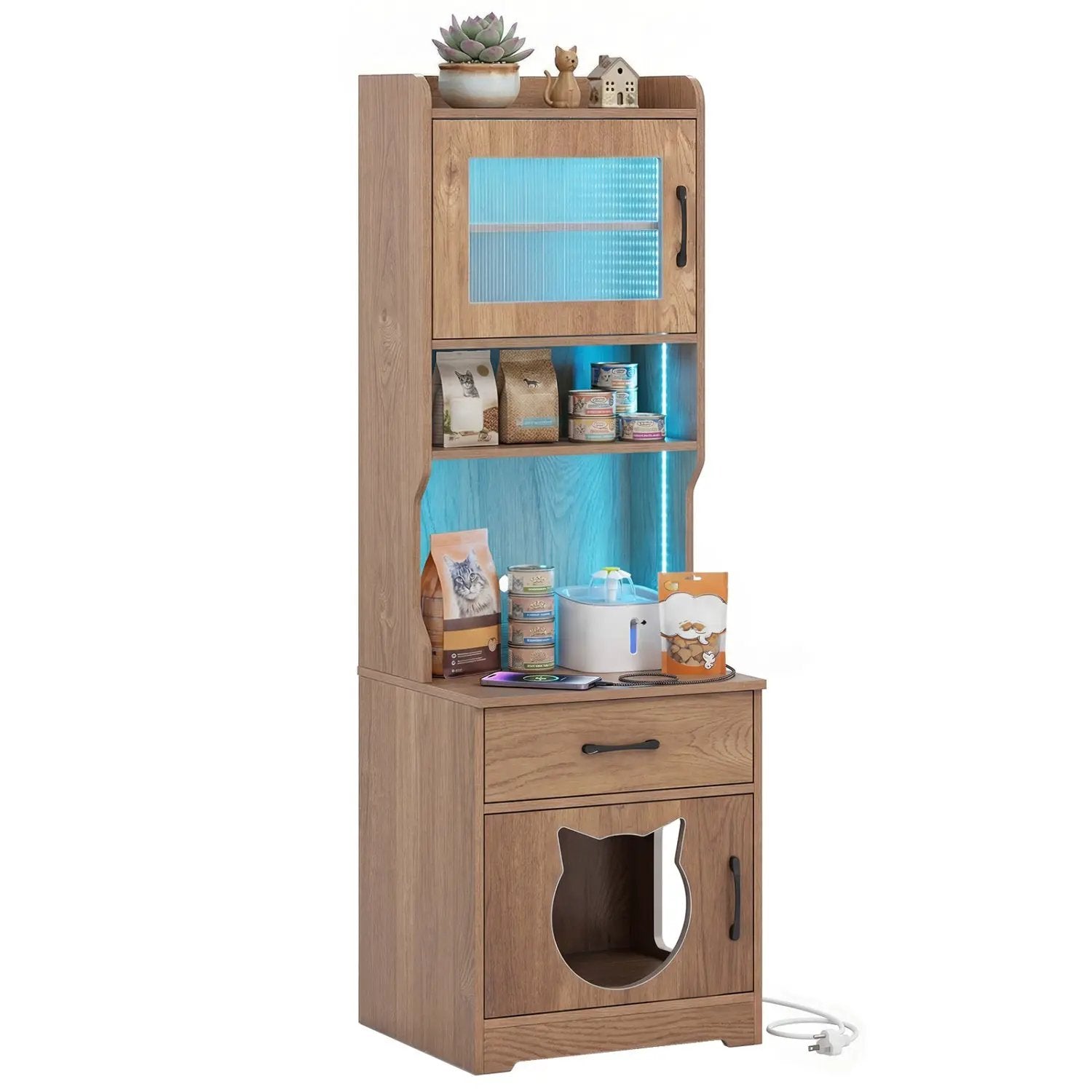 Cat Litter Box Enclosure with LED Light & Charging Station by DirectDeals