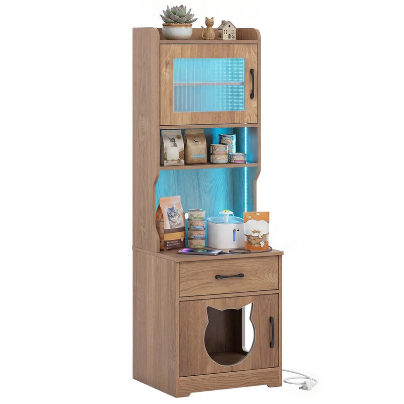 Cat Litter Box Enclosure with LED Light & Charging Station by DirectDeals